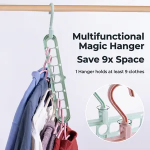Space-saving 9-hole magic clothes hanger with 360-degree rotation in pink and green