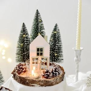 Lighted wooden house Christmas decoration set with pine trees and candle holder