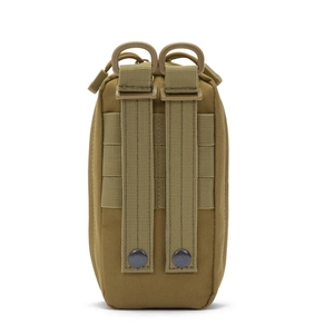 Khaki nylon tactical MOLLE first aid waist bag with heavy duty snaps on white background
