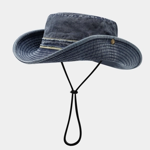 Outdoor washed denim sun hat in navy blue with wide brim and adjustable chin strap
