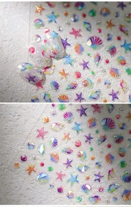 Macro detail of 3D ocean-themed butterfly nail stickers with aurora shell and pearl textures