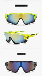 Close-up of lightweight cycling sunglasses in neon yellow and black with gold and blue lenses