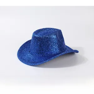 Close-up of sparkling blue sequin texture on a classic western cowboy party hat