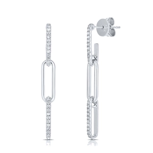 Boucles d'oreilles trombone en or blanc 14K avec pavé de diamants et maillons polis