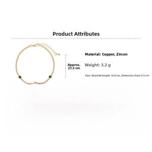 Detail of emerald green zircon tennis bracelet in gold finish with copper and adjustable chain