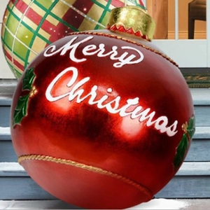 Outdoor 60cm red inflatable Christmas ball with Merry Christmas text and holly leaf design