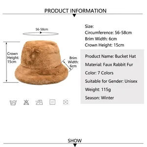 Winter plush faux rabbit fur bucket hat in brown featuring 56-58cm circumference and warm design
