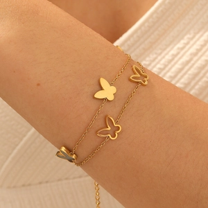 Double-layered gold stainless steel butterfly chain bracelet for women elegant style