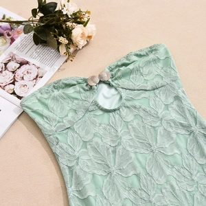 Detail of light green floral lace dress with silver shell metal clasp on beige background