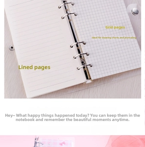 Detail of loose-leaf notebook featuring silver metal rings with grid and lined paper options
