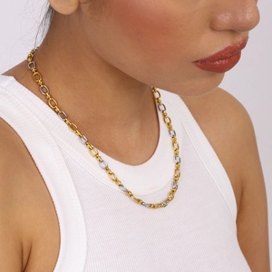 Close-up of two-tone gold and silver titanium steel chain necklace on a model's neck