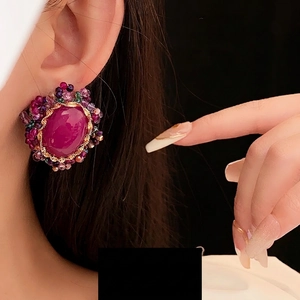 Vintage style rose red oval stud earrings with colorful beaded rim and golden texture