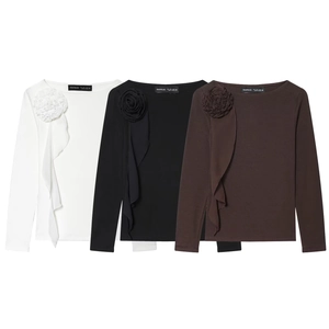 Women Long Sleeve T-Shirt Fabric Rose Flower Cascading Ruffle Polyester Ribbed Slim Fit Casual Streetwear Top