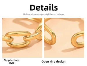 Detail shot of hollow chain design and adjustable opening on golden stainless steel ring