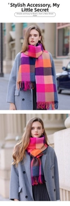 Close-up of vibrant color-block checkered scarf with tassel detail on grey wool coat