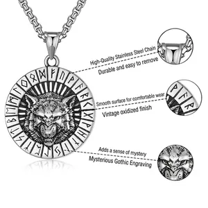 Nordic Viking wolf head rune pendant necklace in vintage silver stainless steel