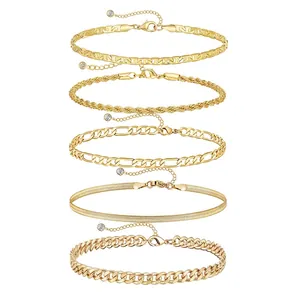 Fashion Gold Plated Stainless Steel Cuban Figaro Snake Chain Bracelets Anklets Stackable Zircon Jewelry For Women