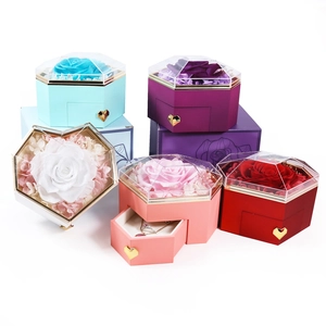 Hexagonal preserved rose jewelry box with transparent lid and storage drawer