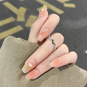Press On Nails Blush Pink Gradient White Tulip Flower Artificial Pearl Silver Glitter Coffin Fake Nails Long Trapezoid Manicure