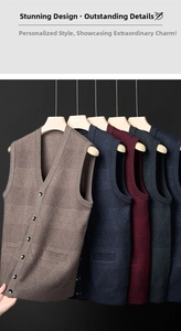 Detail of V-neck buttoned knit vests showing diamond texture in four colors