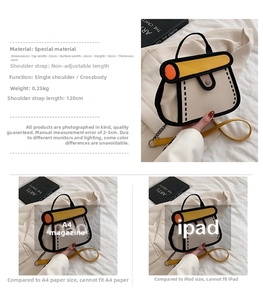 Detailed view of 2D comic style canvas bag with size chart and 120cm shoulder strap