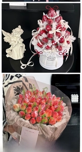 DIY strawberry bouquet gift box with feathers pearls and romantic festive ribbons
