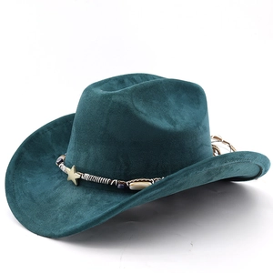 Detail of teal suede cowboy hat with ethnic style band featuring metal stars and shell decor