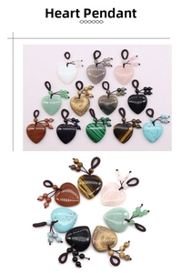 Macro detail of assorted heart-shaped gemstone pendants with woven lanyard attachments