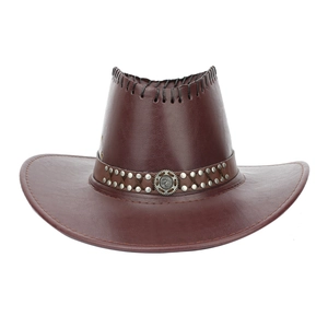 Detailed macro view of retro brown cowboy hat with leather weave and metal gear badge