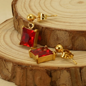 Minimalist 18K gold plated stainless steel earrings with square red zircon pendants