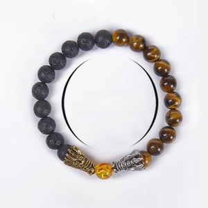 Lava rock and tiger eye stone beaded bracelet with dragon heads and 8mm beads