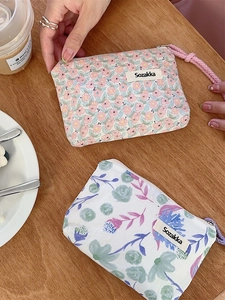 Floral canvas cosmetic pouches with drawstring in pink and blue floral patterns