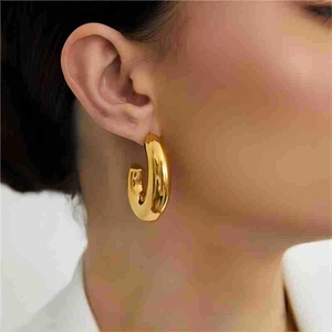 Chunky Hoop Earrings Stainless Steel C-Shaped 18K Gold Plated Minimalist Geometric High Polish Jewelry For Women