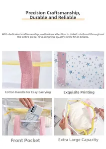 Detail of transparent PVC travel bag with pink cotton handles and laser star print