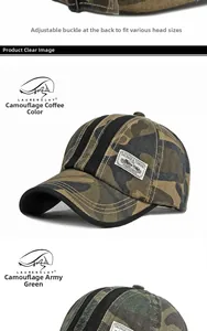 Dettaglio del cappello da baseball mimetico in tela con fibbia regolabile e stemma