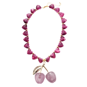 Acrylic purple heart cherry pendant necklace with gold leaves and resin beads