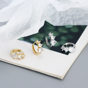 Elegant 925 sterling silver hoop earrings with three sparkling zircons in gold and silver