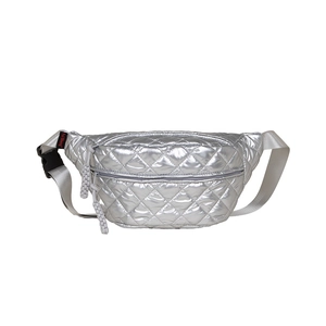 Metallic silver quilted waist bag with adjustable strap and diamond lattice pattern