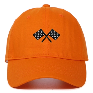 Close-up of racing flag embroidery on bright orange cotton twill baseball cap