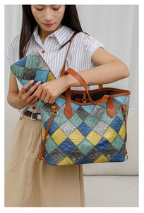 Detail view of multi-color patchwork tote set with crocodile texture and double handles