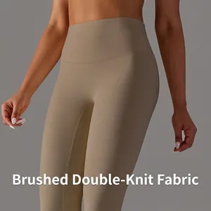 High-waisted khaki yoga pants in double-sided brushed fabric for fitness and slimming