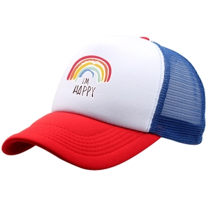 Three-tone trucker hat with rainbow print and I'M HAPPY text on breathable mesh mesh cap