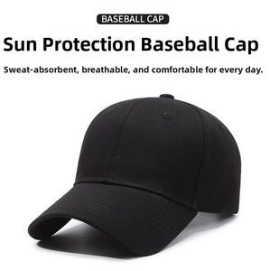 Close-up of black cotton twill baseball cap with reinforced stitching and curved brim