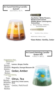 Detail of sand art aromatherapy candle in glass jar with layered sunset pattern