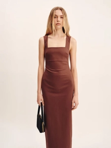 Detail of a brown sleeveless square neck maxi dress with slim fit linen-like fabric