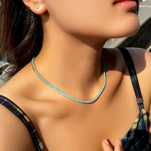 Retro turquoise tennis necklace for women with 3mm blue beads and gold-plated brass chain
