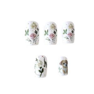 Floral press-on nails featuring cute puppy print and pink garden flowers on white base