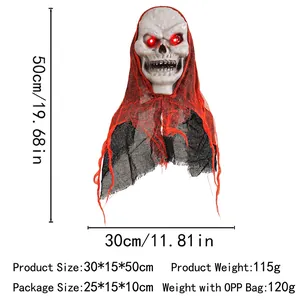 Halloween ghost decoration with red glowing eyes and mesh shawl, size 50cm tall