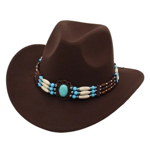 Western Cowboy Fedora Hat Wool Felt Ethnic Bohemian Decorative Band Faux Turquoise Beads Retro Jazz Sunshade Men Women