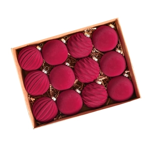 Set of 12 burgundy velvet Christmas balls with mixed textures in a gift box